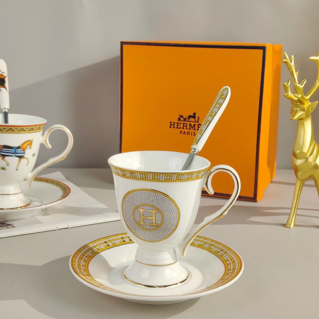 Hermes Bone China Coffee High foot Trophy 3-piece set ðŸ’™ vintage - Hermes Mug | Aleppo Gift UAE